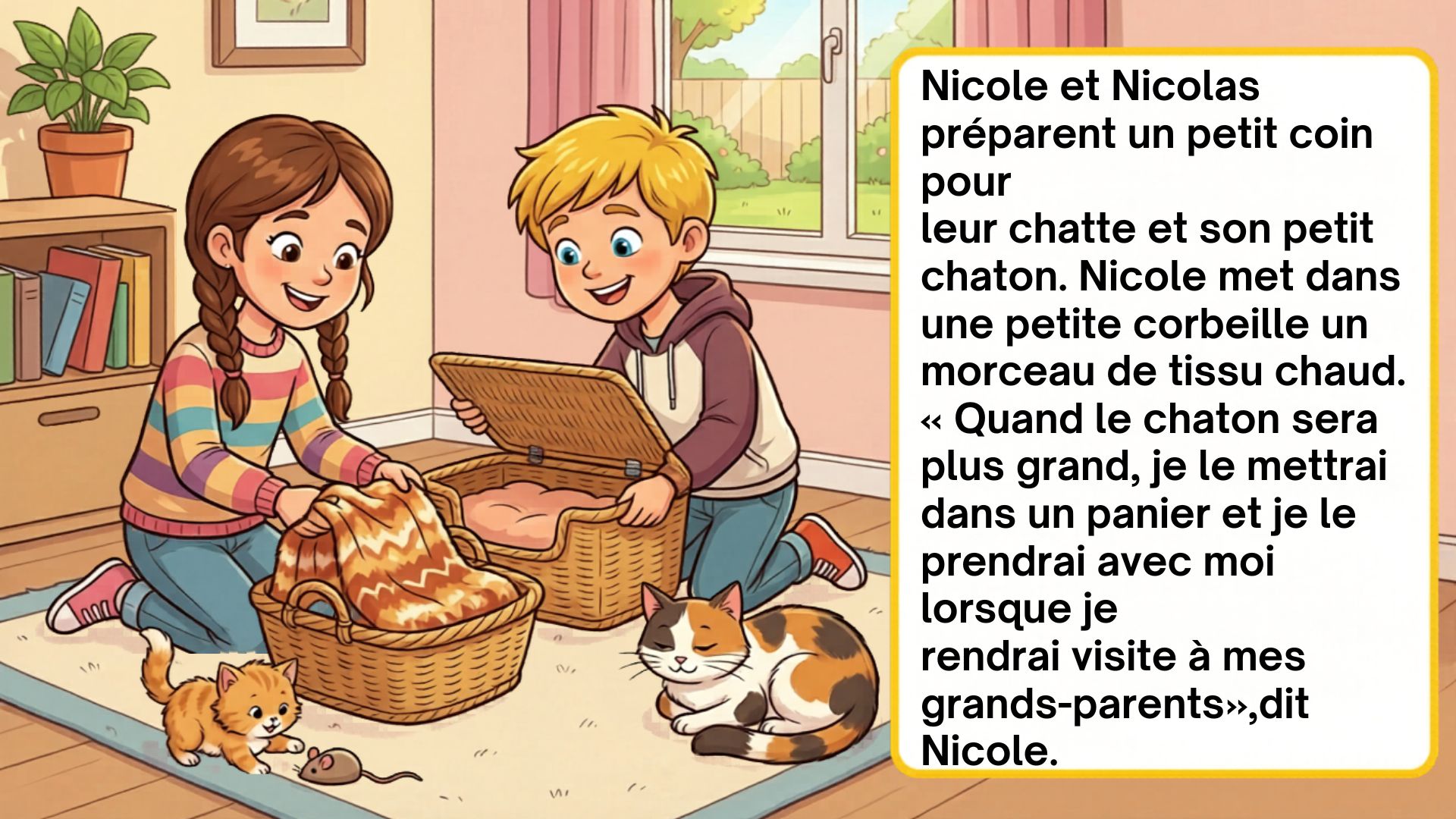 Nicole et Nicolas préparent un petit coin pour leur chatte et son petit chaton. Nicole met dans une petite corbeille un morceau de tissu chaud. Illustration des deux enfants qui installent un panier douillet pour la chatte et son chaton.